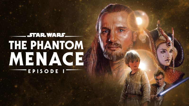 Title art for Star Wars Episode I: The Phantom Menace featuring Qui-Gon Jinn, Obi-Wan Kenobi, Queen Amidala, and Jar Jar Binks against a Naboo landscape.