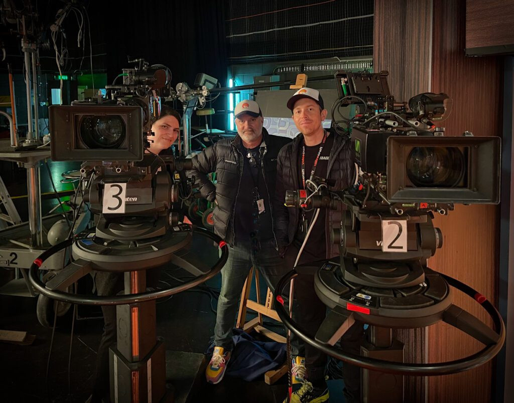 Director of photography Matthew Temple, B cam operator Alex Dupen and A camera operator Rayner Cook on the set of Late Night with the Devil