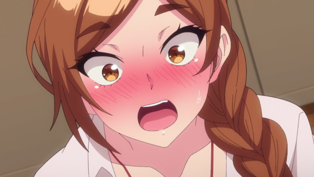 Episode 2 scene from Adam's Sweet Agony, featuring Ms. Shiina in a suggestive pose, highlighting her character's desires and frustration in a world affected by impotence.