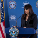 Deputy Pentagon Press Secretary Sabrina Singh briefs the media about expanded military sites in the Philippines.