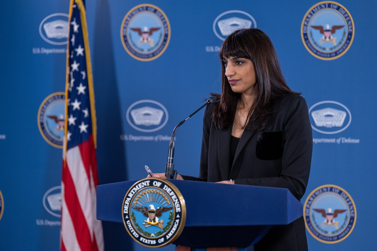 Deputy Pentagon Press Secretary Sabrina Singh briefs the media about expanded military sites in the Philippines.