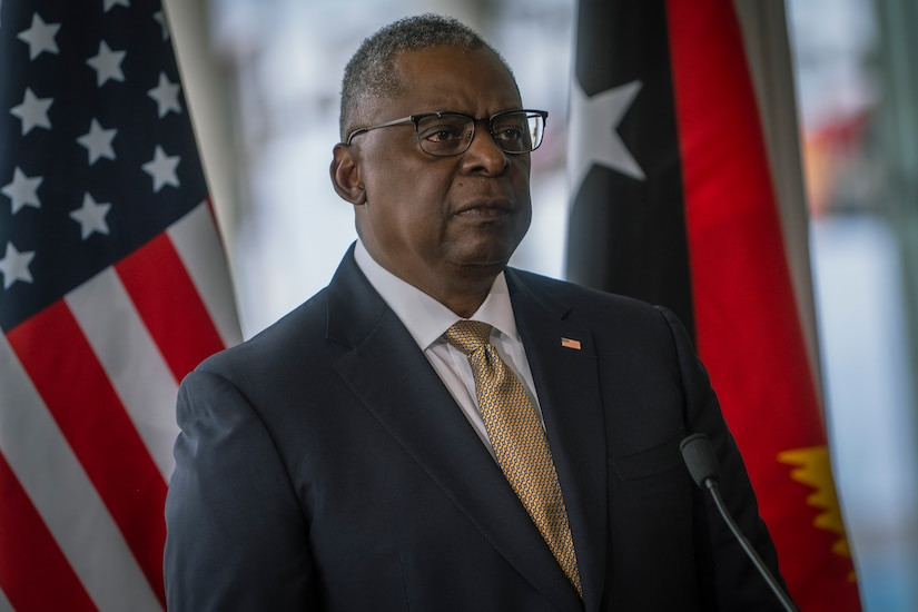 Secretary of Defense Lloyd J. Austin III addresses a news conference in Port Moresby, Papua New Guinea, emphasizing the U.S. commitment to regional partnerships.