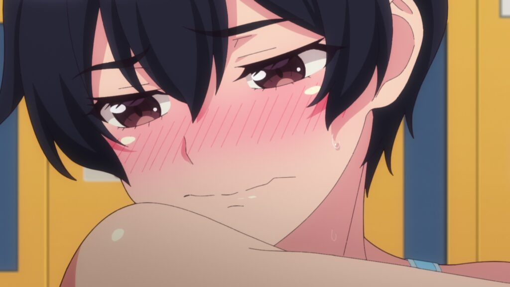 Scene from Adam's Sweet Agony anime, featuring Akari Himeno and Itsuki Sonomiya in a classroom setting, hinting at the initial encounter between the main characters.