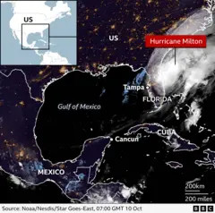 Satellite image showing Hurricane Milton positioned over Florida, with location markers for Tampa, Mexico, and Cuba.