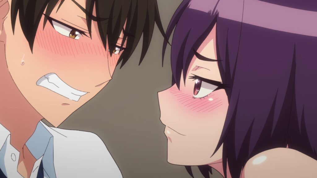 Episode 5 scene from Adam's Sweet Agony, featuring Yue proposing to Itsuki, interrupted by Akari, indicating the escalating romantic rivalry in the series.