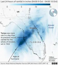 Map displaying rainfall intensity across Florida over a 24-hour period due to Hurricane Milton.