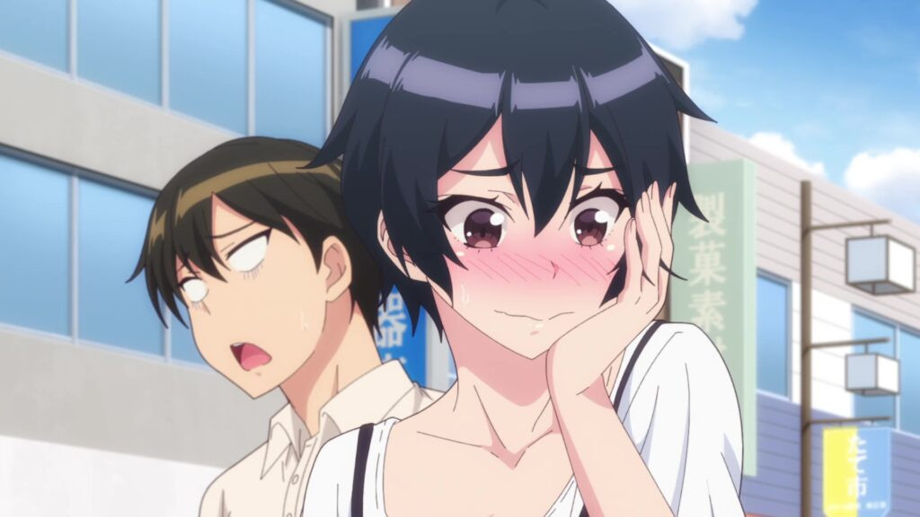 Episode 6 scene from Adam's Sweet Agony, depicting Itsuki and Aki in an awkward encounter at a bookstore, highlighting their shared interest in erotic materials and growing intimacy.