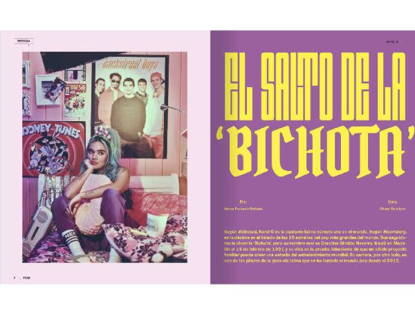 Apertura de la entrevista de Karol G en la edición impresa de Revista Bocas. Edición 104, de marzo - abril de 2021.