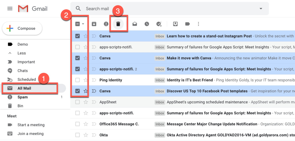 Delete archived emails permanently by selecting them in All Mail and clicking the delete icon