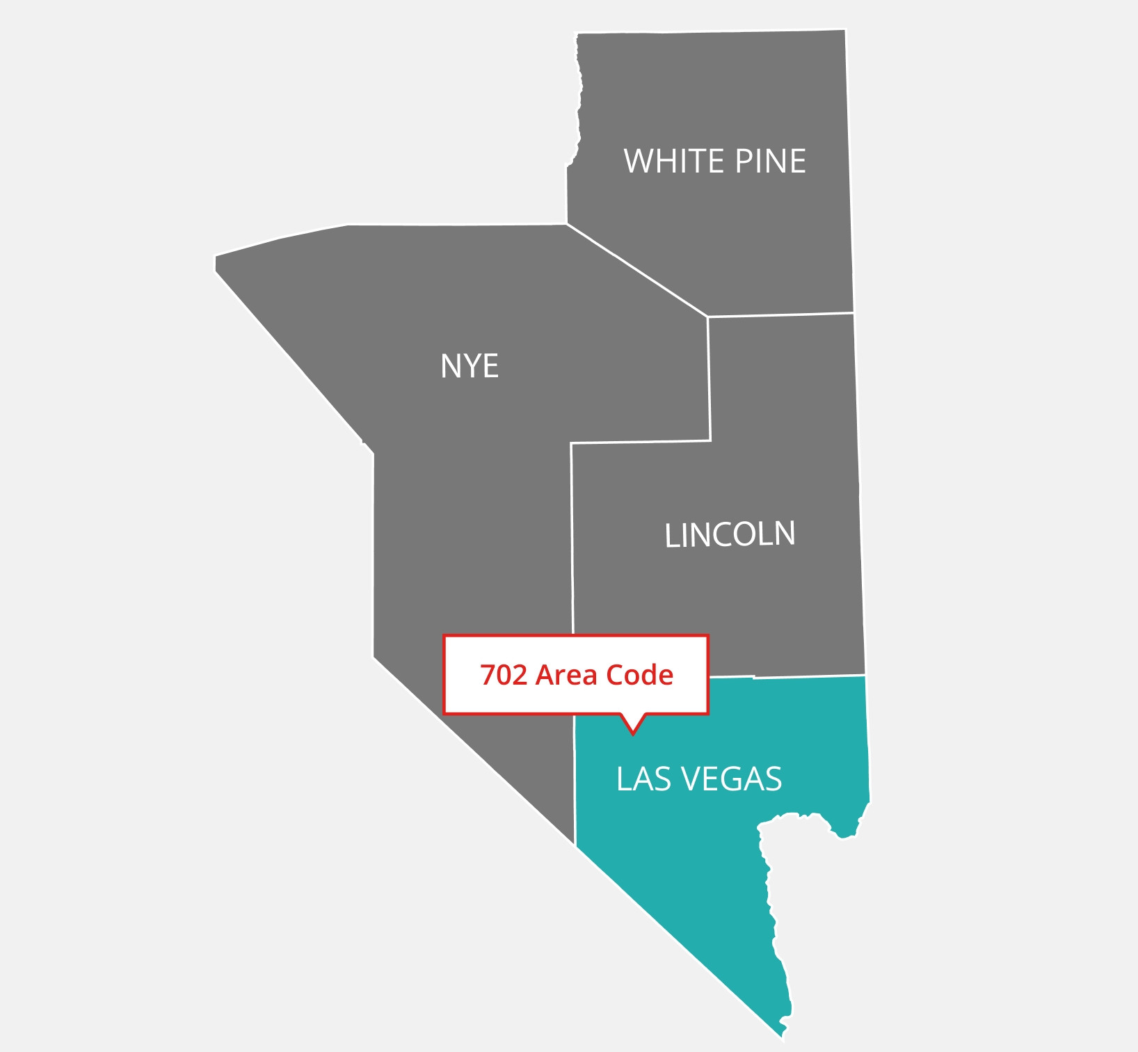 Map depicting the region covered by area code 702 in Nevada.