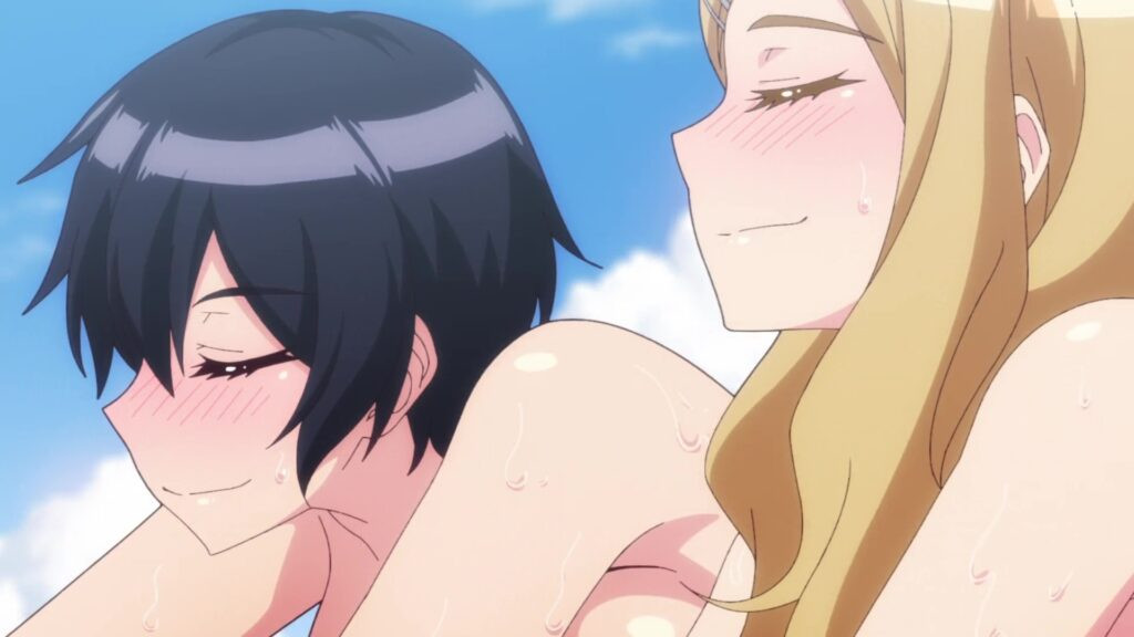 Episode 7 scene from Adam's Sweet Agony, showing Aki confronting Itsuki at the beach, revealing the uncovering of his lie and the intensifying competition among the girls.