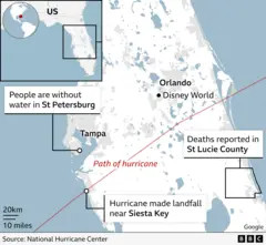 Map of Hurricane Milton's path across Florida, highlighting landfall near Siesta Key and impact zones.