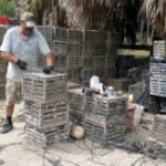 crabber scraping fouling off wooden pots