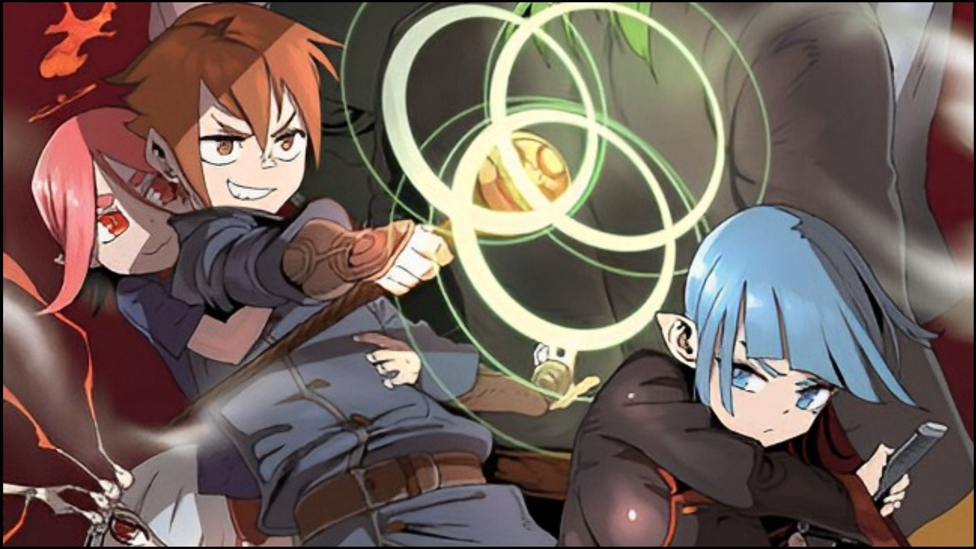 Promotional image for 4 Cut Hero anime featuring main characters Zeed, Ruda, Krodin, Zena, and Fogue, with title text in stylized font against a fantasy backdrop