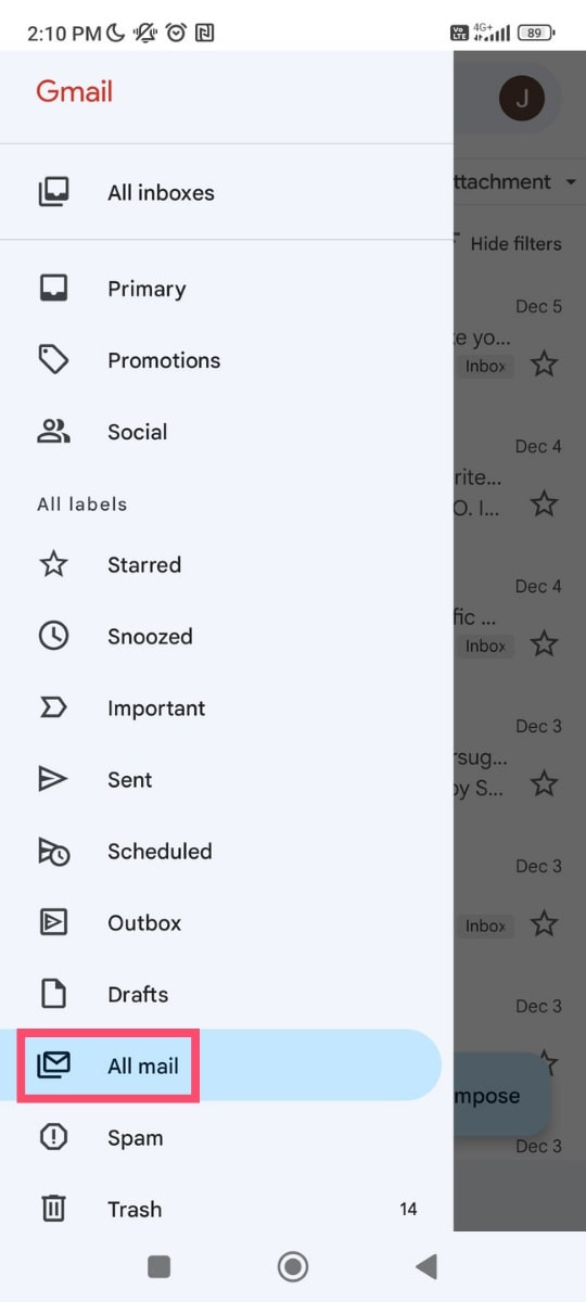 Finding the 'All Mail' folder within the Gmail app menu on Android.