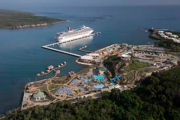 Aerial view of Amber Cove cruise port and surrounding turquoise waters