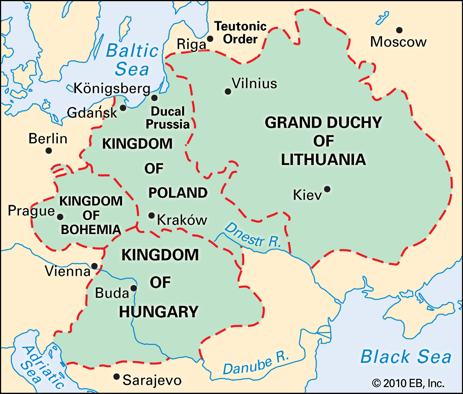 Areas controlled by the Jagiellon dynasty, illustrating the political landscape of Bohemia and Central Europe during their reign.