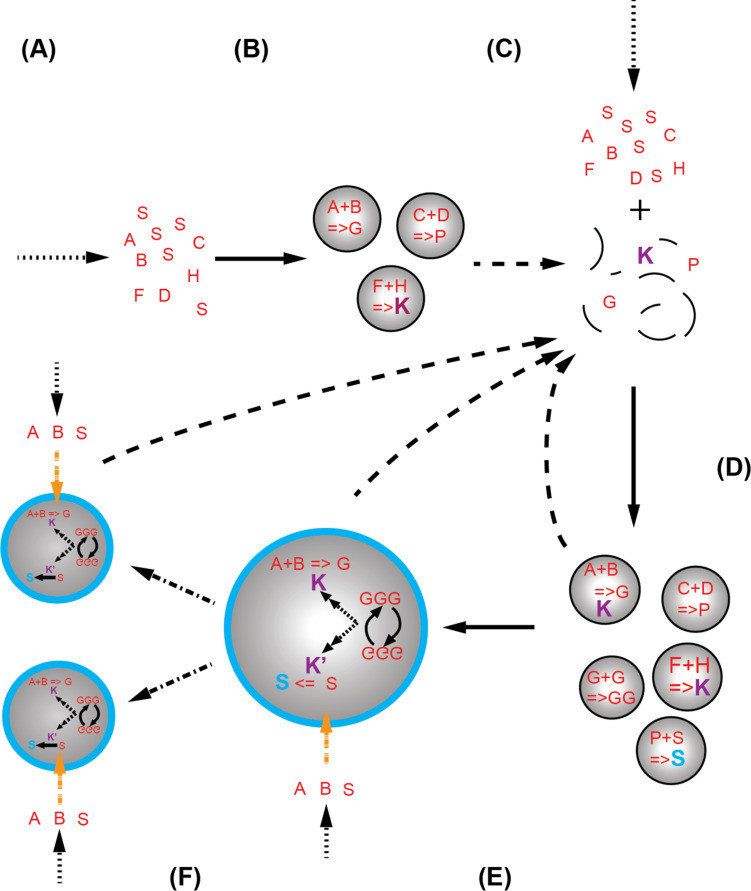 Evolutionary pathway from prebiotic chemistry to protocells through cycles of system formation and disruption.