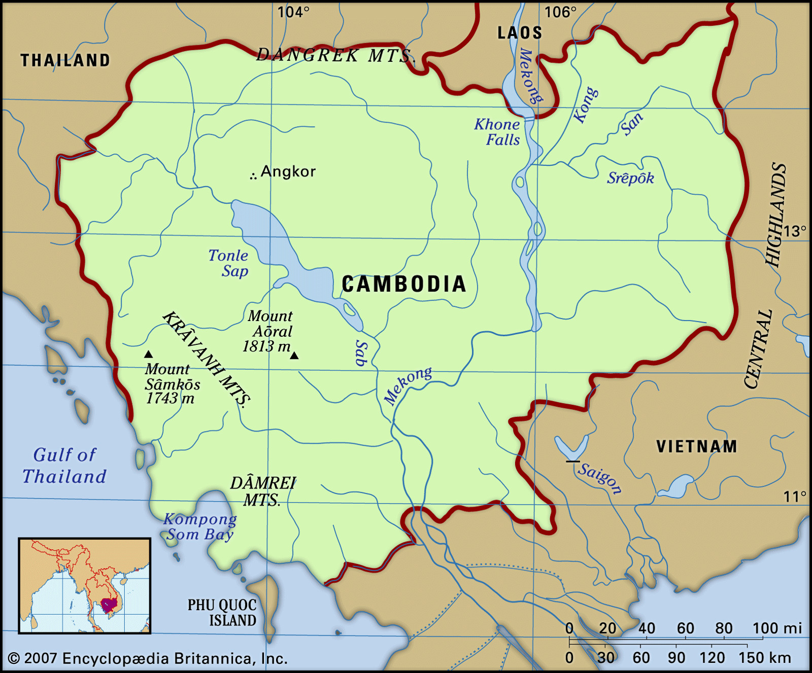 Relief map of Cambodia showing central plains and surrounding highlands
