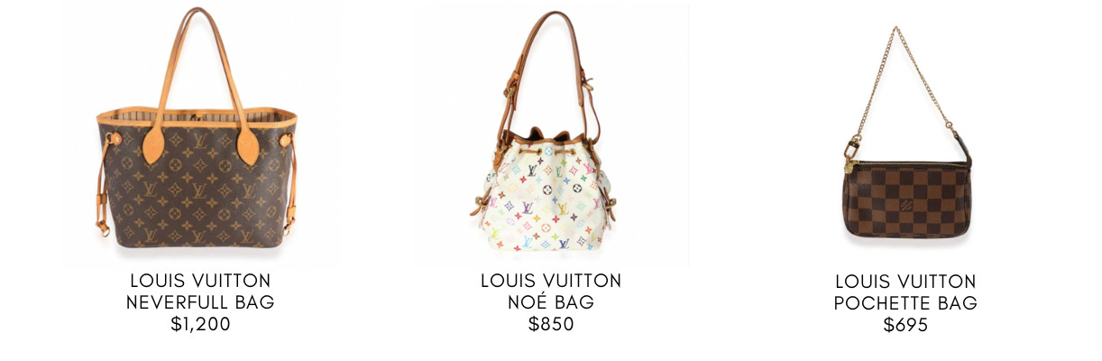 A curated selection of pre-owned Louis Vuitton handbags in various shapes, sizes, and signature monogram patterns