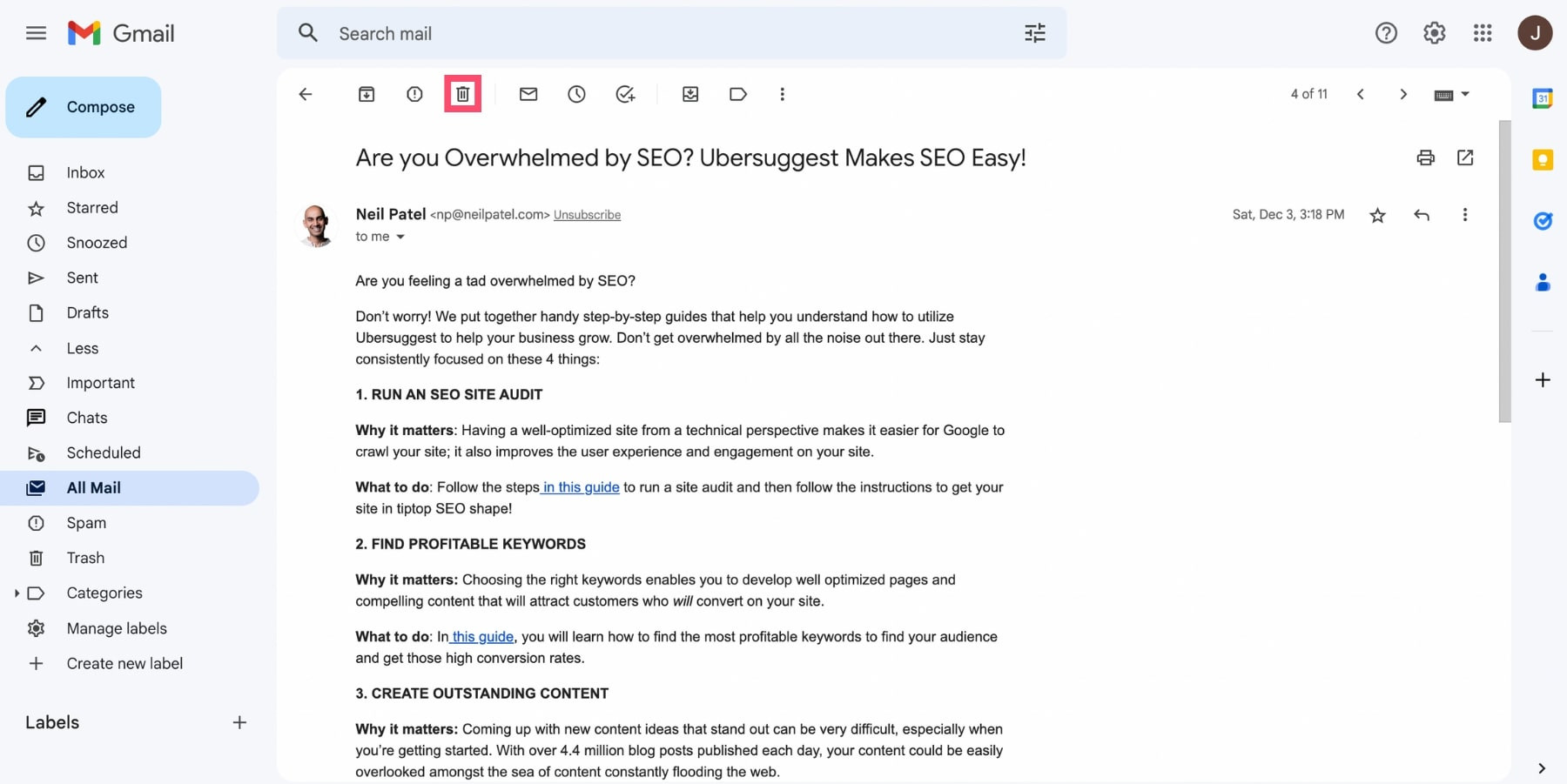 Deleting an archived email by selecting the trash icon within the email view.
