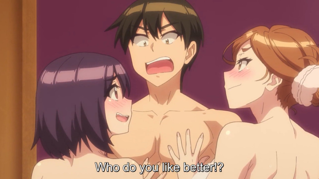 Episode 8 scene from Adam's Sweet Agony finale, showcasing the four main female characters surrounding Itsuki, emphasizing the climax of the competition for his affection.