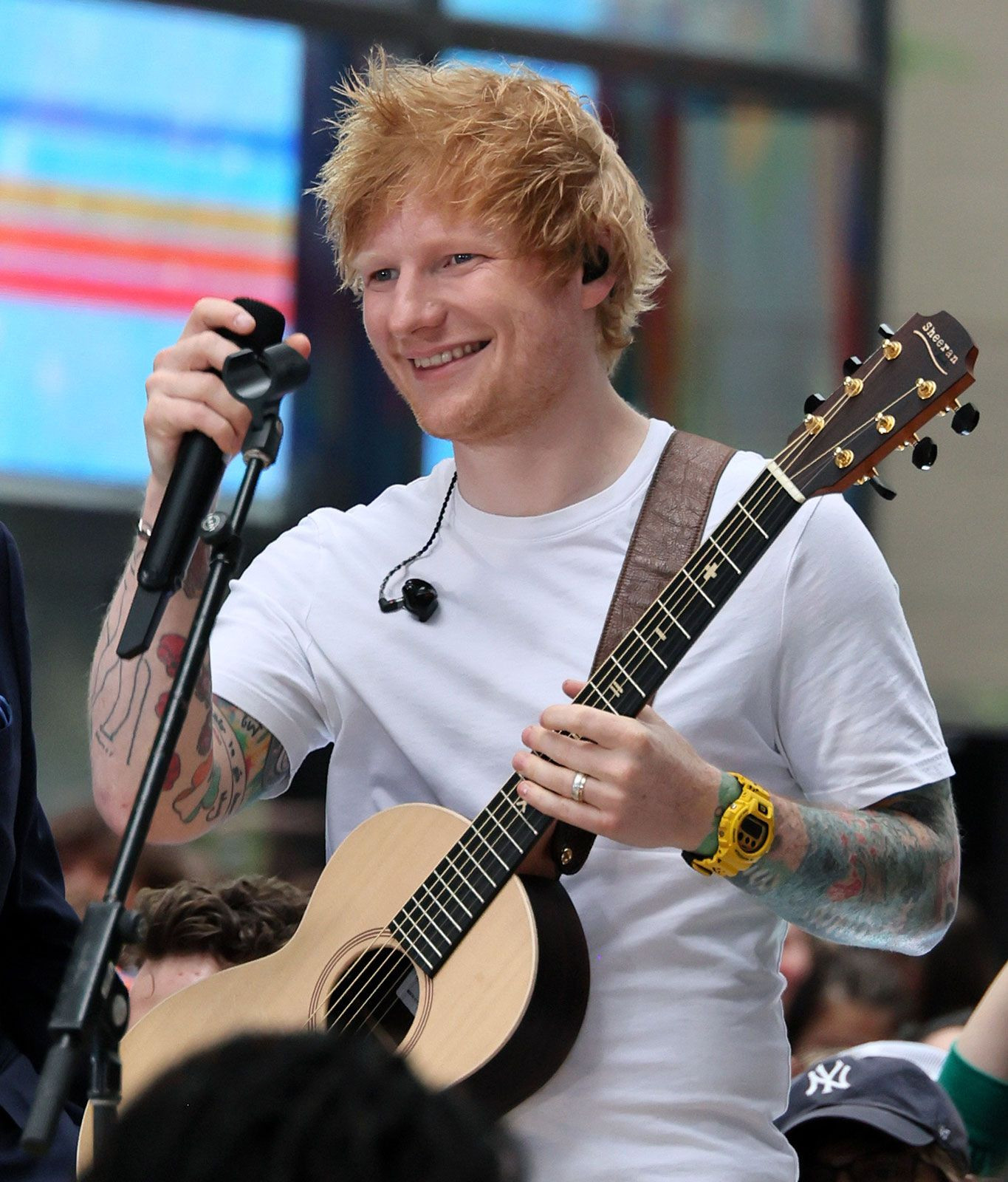 Ed Sheeran performing live on NBC's Today Show in New York City, showcasing the global reach of the British singer-songwriter originally from Halifax, England.