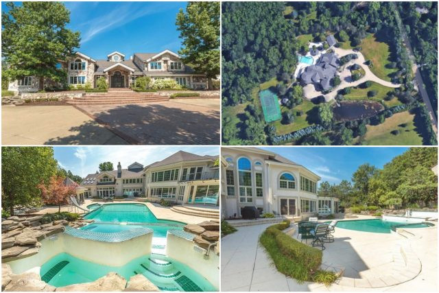 Aerial view of Eminem's former Rochester Hills mansion showcasing its expansive grounds and pool area