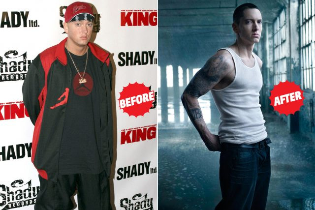 Eminem before and after his recovery journey, illustrating his commitment to health