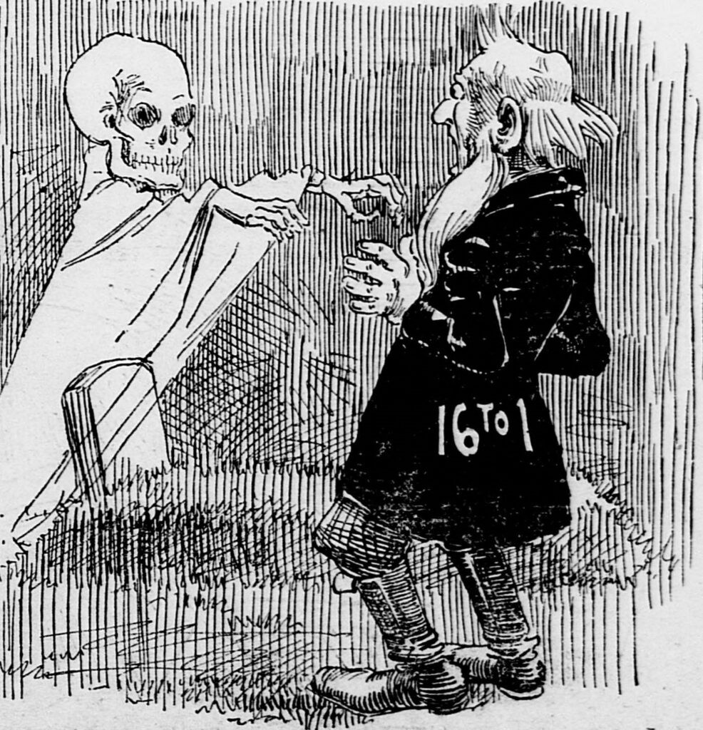 Cartoon from an 1896 newspaper showing a man encountering a ghost, illustrating the long-standing association of ghosts with Halloween.