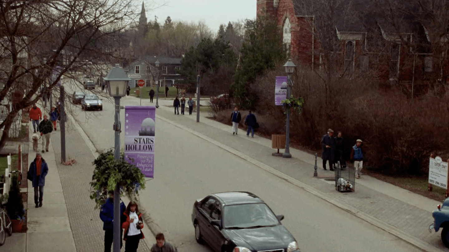 Main Street in Unionville, Ontario, recognizable as Stars Hollow in the Gilmore Girls pilot episode, featuring the red brick church.