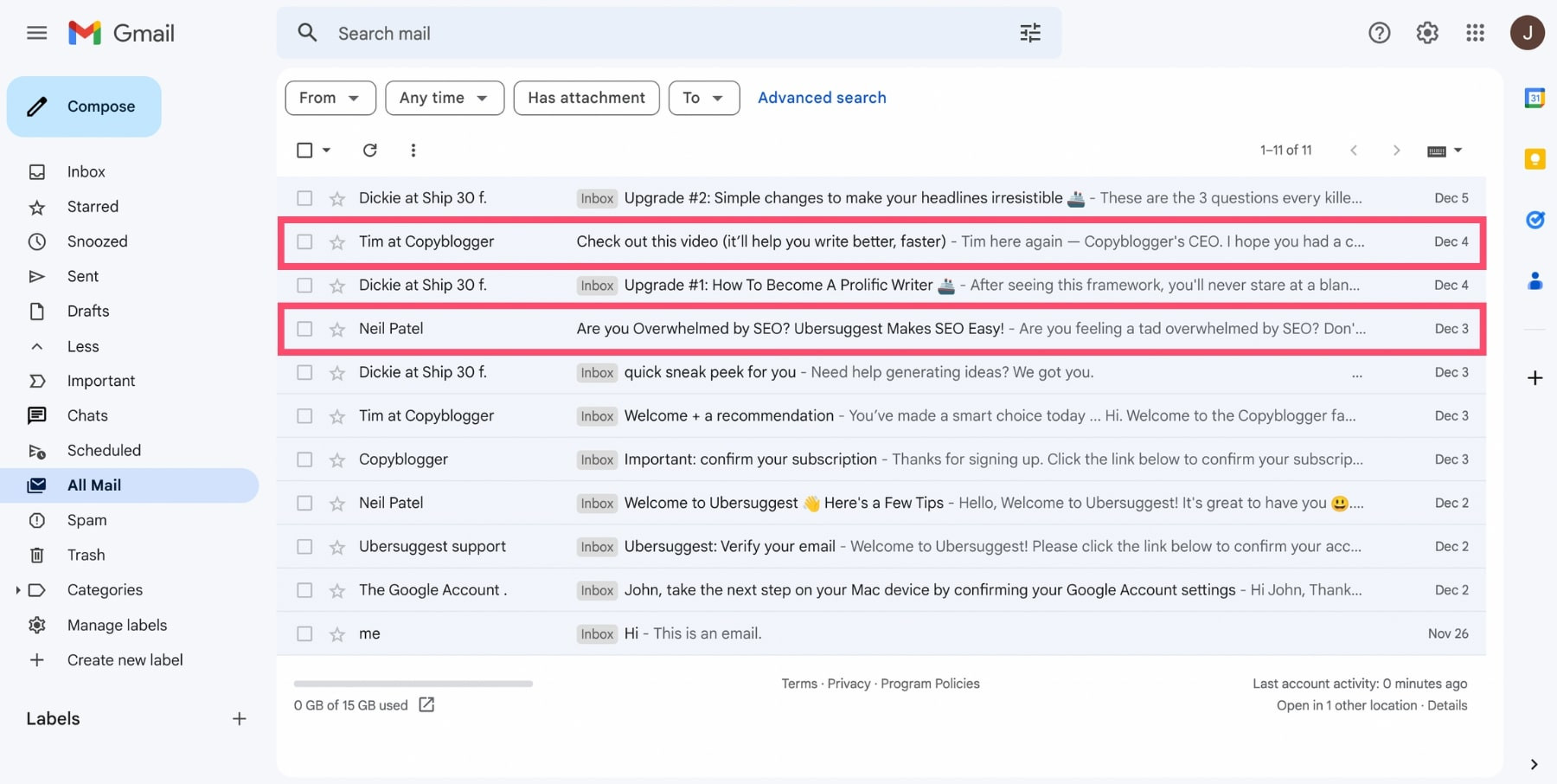 Archived emails are not visibly labeled in the inbox, indicating they have been archived.