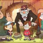 Dipper, Mabel, Grunkle Stan, Soos, and Wendy posing together, representing the main cast of Gravity Falls.