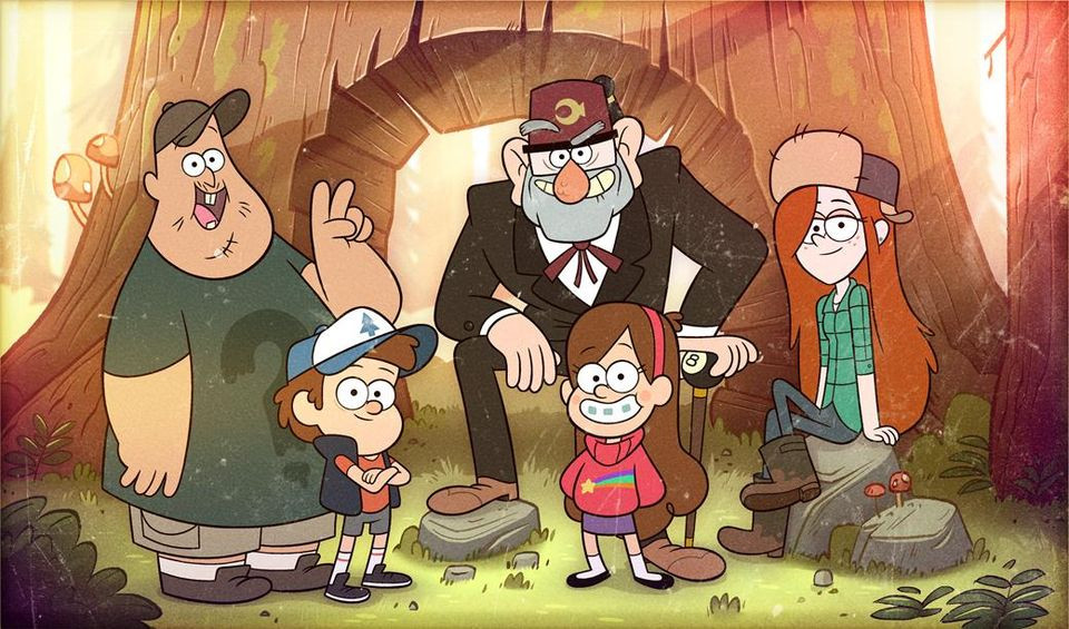 Dipper, Mabel, Grunkle Stan, Soos, and Wendy posing together, representing the main cast of Gravity Falls.