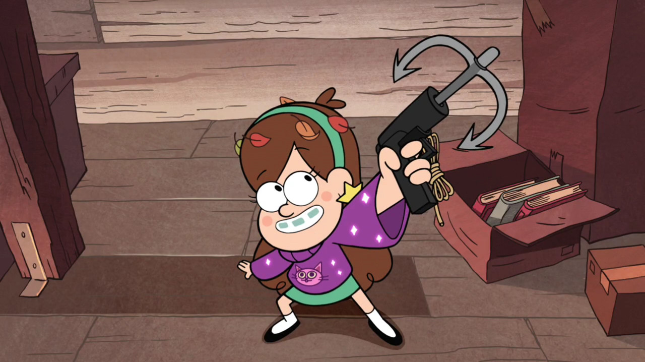 Mabel holding a grappling hook, a fun and quirky item that represents the adventurous spirit of Gravity Falls.