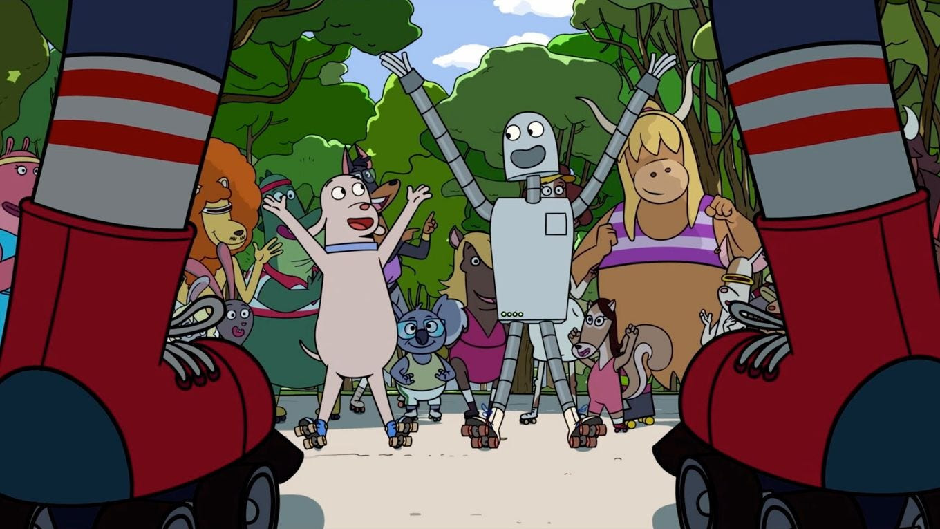 Dog and Robot enjoying a hotdog in a New York street scene from Robot Dreams movie