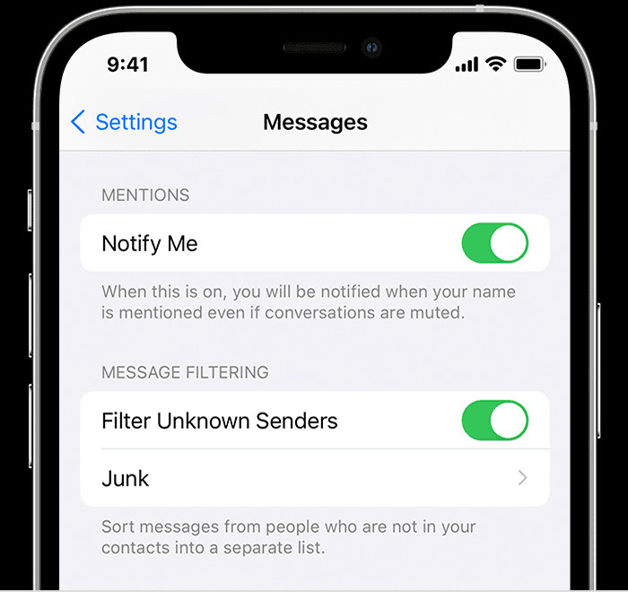 Enabling Filter Unknown Senders in Messages settings