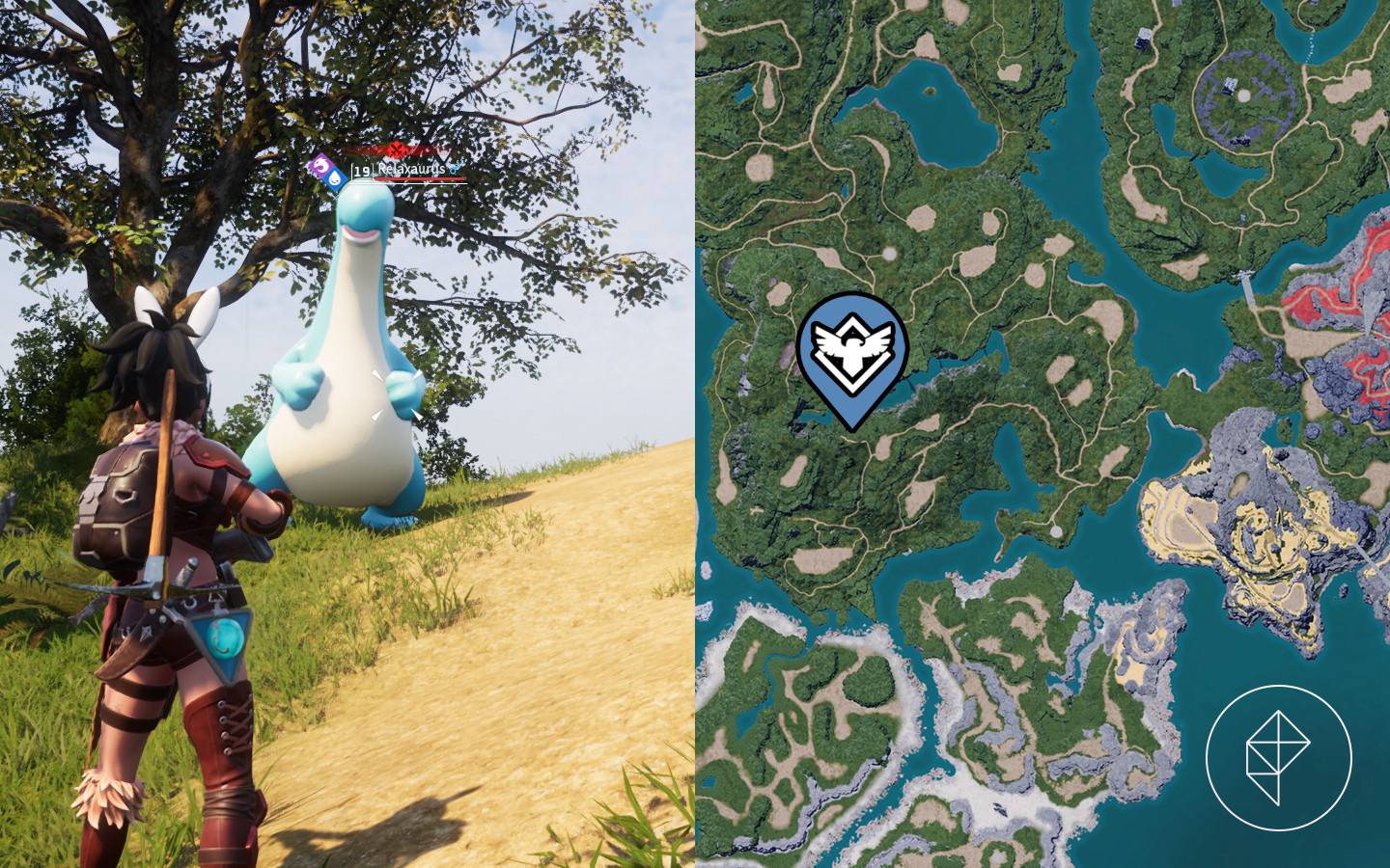 A map showing Relaxaurus habitat near Ascetic Falls in Palworld