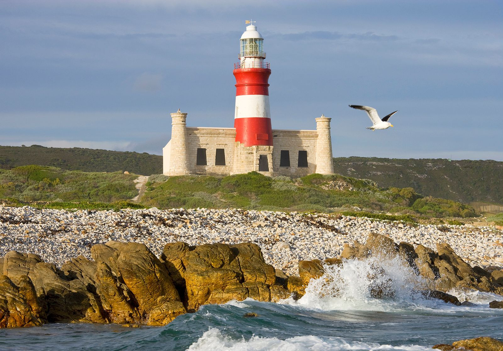 Lighthouse at Cape Agulhas, South Africa, marking the meeting point of the Atlantic and Indian Oceans