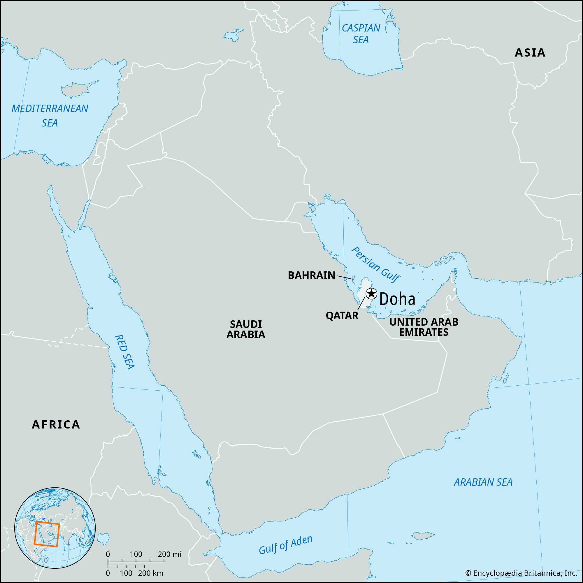 Locator map of Doha, Qatar, highlighting its location on the Qatar Peninsula in the Persian Gulf.