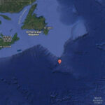 A map depicting the location of the Titanic sinking in the North Atlantic Ocean.