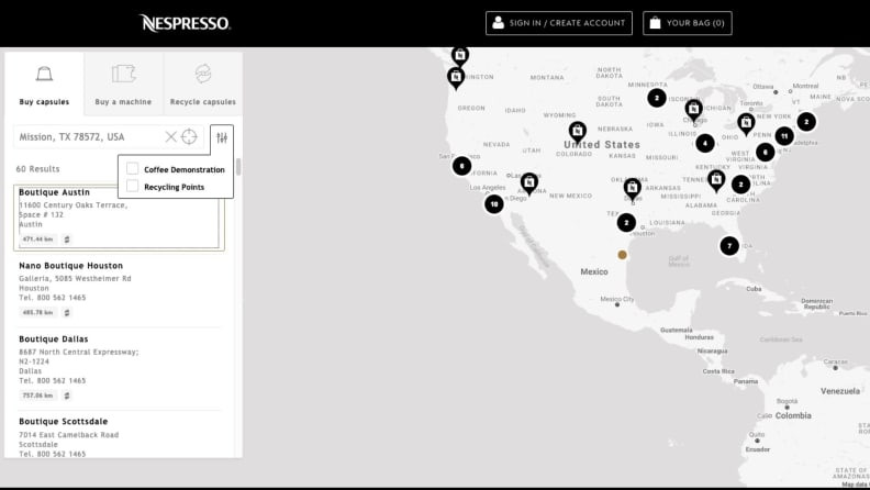 A screenshot of Nespresso store locator map