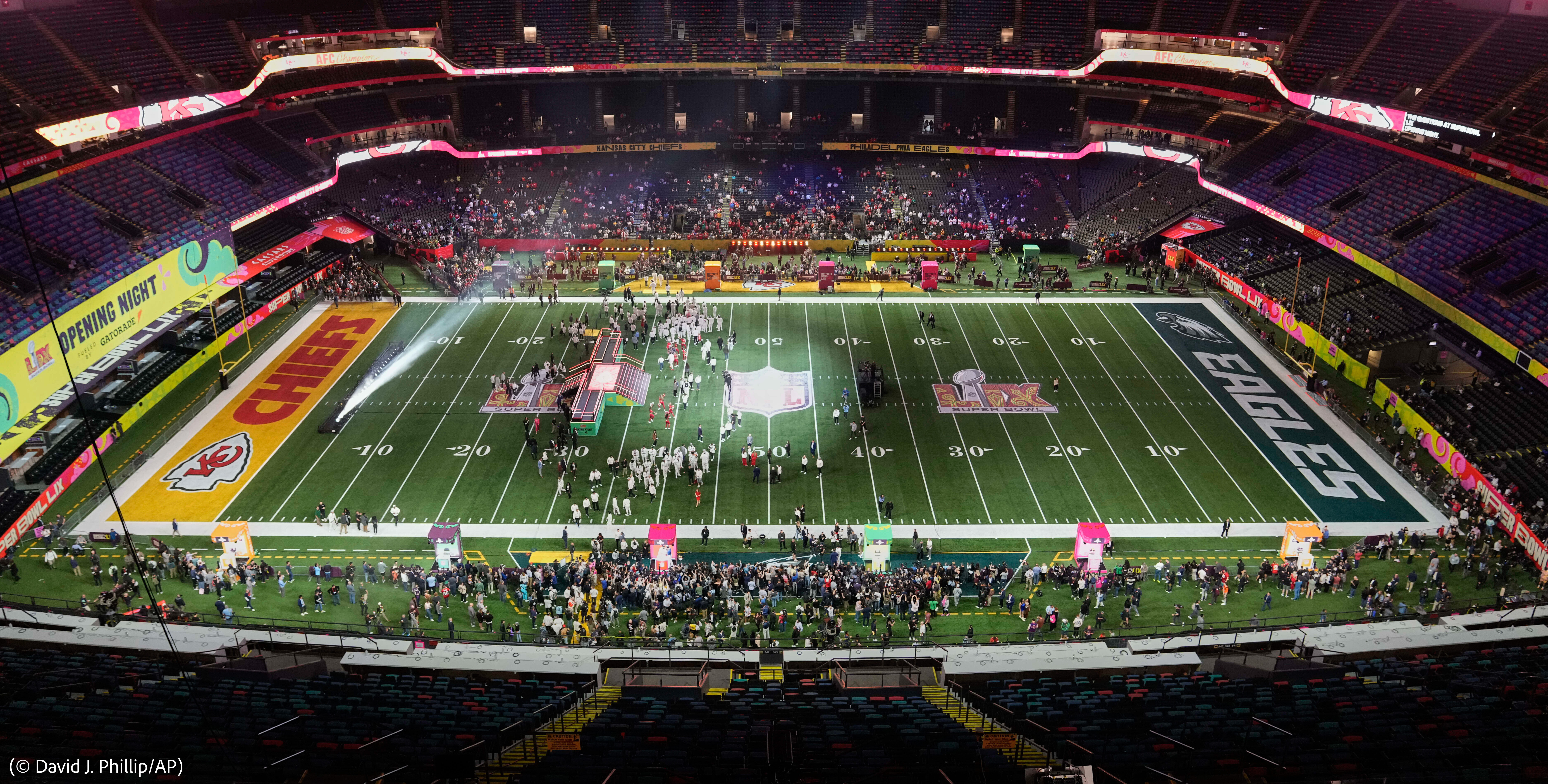 Aerial view of football field (Fans eagerly await the Super Bowl kickoff)
