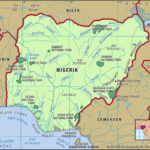 Map showing the location of Nigeria in Africa, highlighting its neighboring countries Niger, Chad, Cameroon, Benin, and the Atlantic Ocean.
