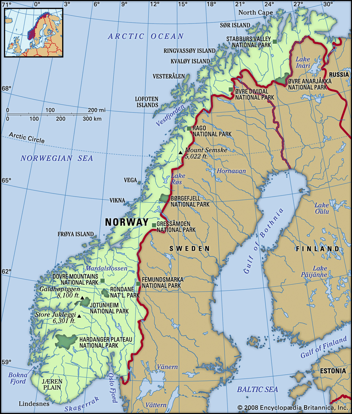 Norway's terrain: Physical map illustrating the mountainous landscape of Norway, emphasizing the Lang Mountains and major geographical features like the Hardanger Plateau.