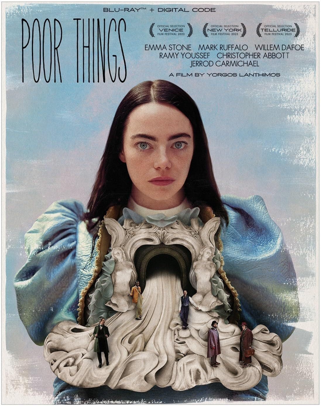 Poor Things Blu-ray DVD cover featuring Emma Stone