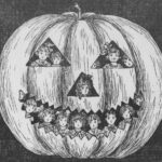 An image detail from a 1910 newspaper showing a large jack-o-lantern, illustrating the early association of pumpkins with Halloween.