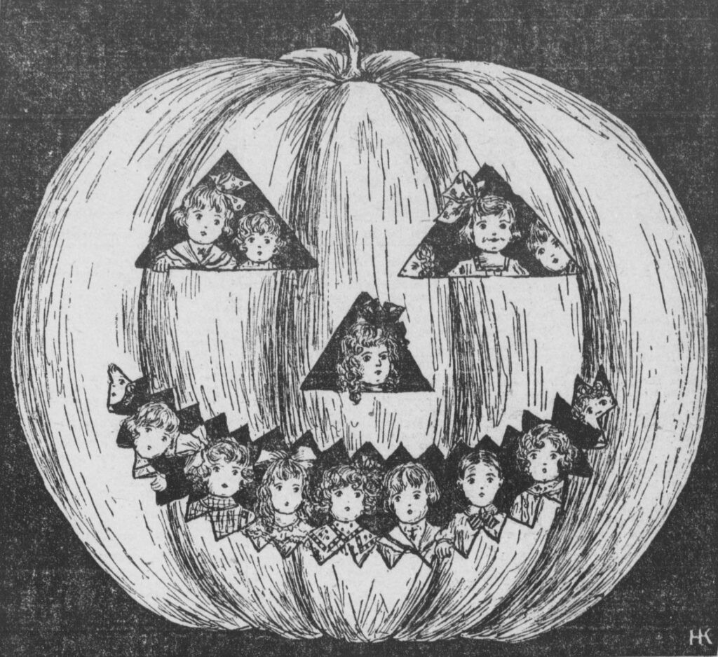 An image detail from a 1910 newspaper showing a large jack-o-lantern, illustrating the early association of pumpkins with Halloween.