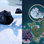 Map showing the snowy region in Palworld where pure quartz can be found, circled in red.