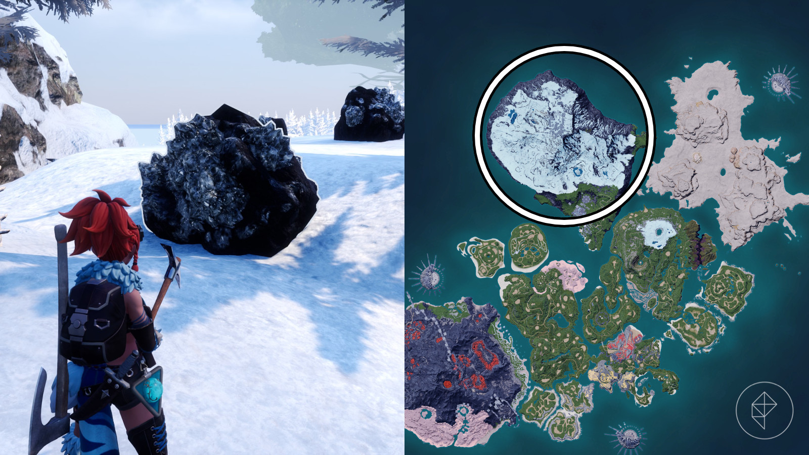 Map showing the snowy region in Palworld where pure quartz can be found, circled in red.